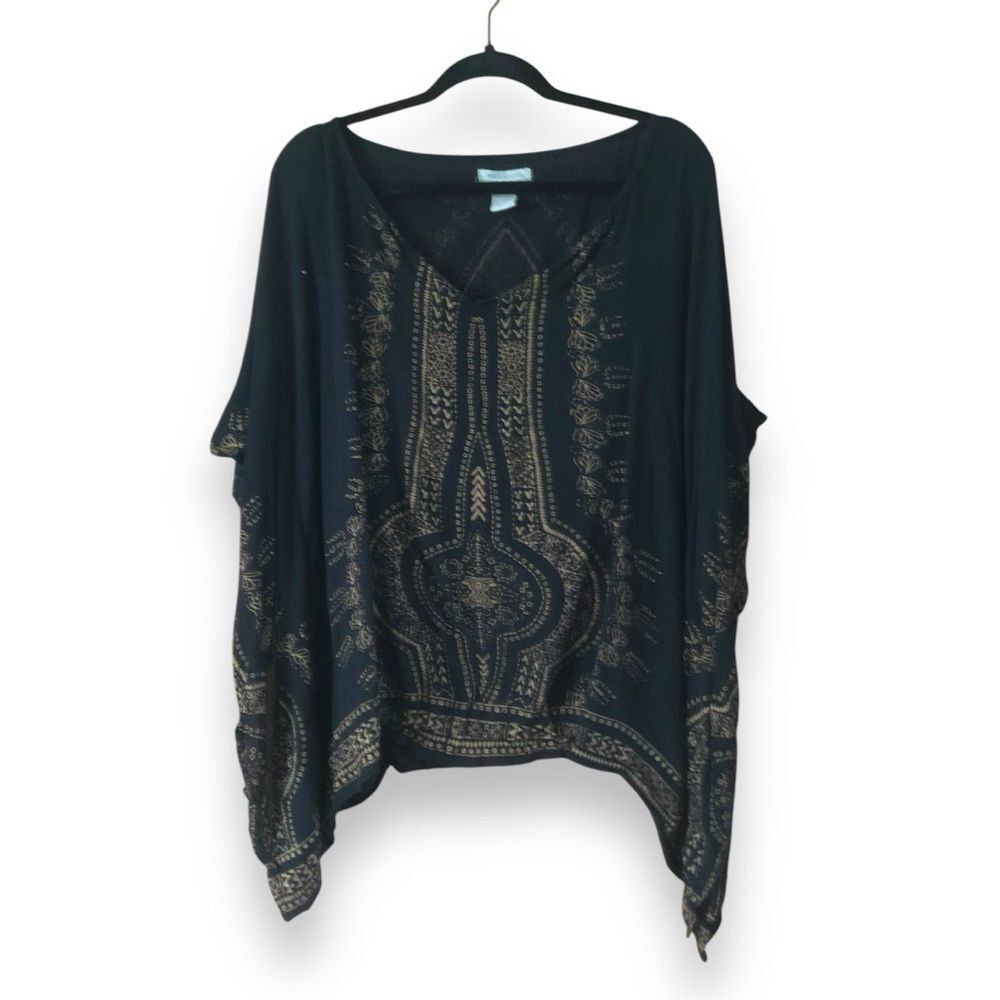 World Market Kaftan Poncho Top Black Gold Boho Bohemian One Size Festival Hippie